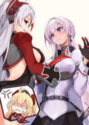 Rule 34 | 3girls, :d, admiral hipper (azur lane), ahoge, anger vein, antenna hair, azur lane, back, black choker, black gloves, black hairband, black skirt, blonde hair, blue eyes, blush, braid, grabbing another&#039;s breast, breasts, brown eyes, buttons, choker, commentary request, covered erect nipples, cowboy shot, cross, cross earrings, earrings, gloves, grabbing, grey gloves, hair between eyes, hairband, half gloves, hat, headgear, highres, iron cross, jacket, jewelry, large breasts, long hair, long sleeves, looking at viewer, mainz (azur lane), marshall k, mole, mole on breast, multicolored hair, multiple girls, open mouth, prinz eugen (azur lane), red hair, sheath, sheathed, sideboob, sidelocks, simple background, skirt, smile, streaked hair, sweatdrop, swept bangs, sword, teasing, two side up, very long hair, wavy mouth, weapon, white hair, white jacket, yellow background
