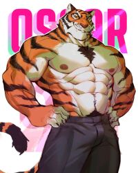 Rule 34 | 1boy, animal ears, bara, bulge, chest tuft, feet out of frame, fortnite, furry, furry male, hands on own hips, highres, large hands, large pectorals, male focus, mature male, muscular, muscular male, navel, navel hair, nipples, o reowoof, orange fur, oscar (fortnite), pectorals, short hair, smile, solo, standing, stomach, strongman waist, thick eyebrows, tiger boy, tiger ears, topless male, white fur
