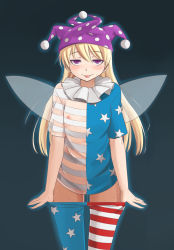 Rule 34 | 1girl, american flag dress, american flag legwear, baketsuya, blonde hair, blush, clothes pull, clownpiece, covered erect nipples, cowboy shot, fairy wings, flat chest, hat, highres, jester cap, long hair, looking at viewer, nipples, pantyhose, pantyhose pull, purple eyes, pussy juice, see-through, smile, solo, striped clothes, striped pantyhose, sweat, tongue, tongue out, touhou, undressing, wings