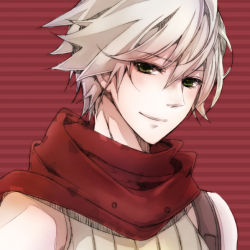 Rule 34 | 1boy, closed mouth, commentary request, green eyes, green shirt, hair between eyes, looking at viewer, norapeko, ragnarok online, ranger (ragnarok online), red background, red scarf, scarf, shirt, short hair, simple background, sleeveless, sleeveless shirt, smile, solo, striped, striped background, upper body, white hair