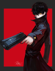 Rule 34 | 10s, 1boy, absurdres, amamiya ren, card, coat, gun, highres, joker (playing card), looking at viewer, male focus, persona, persona 5, playing card, short hair, simple background, solo, weapon, xq, yellow eyes