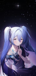 Rule 34 | 1girl, absurdres, blue hair, blush, collarbone, commentary, cowboy shot, dress, earrings, finger to mouth, glint, gradient background, hair between eyes, hatsune miku, highres, hu qu, index finger raised, jewelry, long hair, looking at viewer, necklace, parted lips, purple dress, shawl, short sleeves, shushing, solo, sparkle, twintails, very long hair, vocaloid, wristband