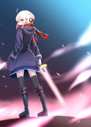 Rule 34 | 1girl, ahoge, artist name, artoria pendragon (fate), aura, black-framed eyewear, black footwear, black ribbon, black sky, black thighhighs, blue skirt, blurry, blurry background, boots, braid, coat, commentary, duffel coat, enikuma, excalibur (fate/stay night), fate/grand order, fate (series), french braid, fringe trim, from behind, glasses, hair ribbon, hand in pocket, highres, holding, holding sword, holding weapon, hood, hooded coat, hooded jacket, jacket, knee boots, looking at viewer, looking back, miniskirt, mysterious heroine x (fate), mysterious heroine x alter (fate), mysterious heroine x alter (first ascension) (fate), night, night sky, outdoors, plaid, plaid scarf, pleated skirt, red scarf, ribbon, scarf, semi-rimless eyewear, short hair, sidelocks, signature, skirt, sky, solo, standing, star (sky), starry sky, sword, thighhighs, under-rim eyewear, weapon, wind, yellow eyes