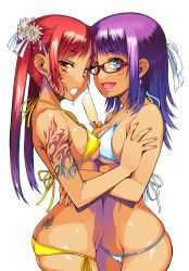 Rule 34 | 2girls, :d, asaki takayuki, ass, back tattoo, bad id, bad pixiv id, bikini, blue eyes, blush, breast press, breasts, butt crack, cameltoe, copyright request, covered erect nipples, cowboy shot, cross, cross earrings, dark-skinned female, dark skin, earrings, face-to-face, facial mark, female focus, fingernails, flower, food, forehead-to-forehead, from side, glasses, gradient hair, groin, hair flower, hair ornament, hairclip, half updo, heads together, highres, holding, hug, ice, jewelry, long fingernails, long hair, looking at viewer, looking back, lowleg, lowleg bikini, micro bikini, multicolored hair, multiple girls, nipples, open mouth, orange eyes, popsicle, purple hair, red-framed eyewear, red hair, sexually suggestive, side-tie bikini bottom, sideboob, simple background, skindentation, small breasts, smile, standing, string bikini, swimsuit, symmetrical docking, tan, tattoo, tramp stamp, twintails, underboob, white background, white bikini, yellow bikini, yuri
