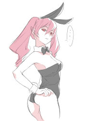 Rule 34 | ..., 1girl, absurdres, animal ears, ass, bare shoulders, black bow, black bowtie, bow, bowtie, breasts, cleavage, cowboy shot, detached collar, dolce (rune factory), ears visible through hair, fake animal ears, hair between eyes, highres, leotard, medium breasts, pink hair, playboy bunny, pointy ears, puchiman, rabbit ears, rabbit tail, red eyes, rune factory, rune factory 4, simple background, solo, spoken ellipsis, strapless, strapless leotard, tail, twintails, white background, wrist cuffs