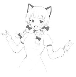 Rule 34 | 1girl, :d, absurdres, animal ears, black nails, bow, braid, cat ears, dobostorte, dress, fingernails, greyscale, hair bow, highres, juliet sleeves, kaenbyou rin, long sleeves, monochrome, nail polish, open mouth, puffy sleeves, simple background, smile, solo, touhou