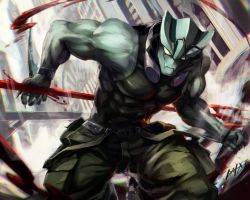 Rule 34 | 1boy, antennae, artist name, bare arms, bare shoulders, black tank top, blank eyes, blood, building, cargo pants, claws, clenched hand, clock, clock tower, closed mouth, colored skin, commentary request, covered abs, dai-xt, fins, green pants, green skin, hip strap, holding, holding polearm, holding weapon, kekkai sensen, looking at viewer, male focus, monster boy, muscular, muscular male, pants, pectorals, polearm, skin tight, sleeveless, solo, tank top, tower, trident, weapon, wristband, zed o&#039; brien