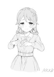 Rule 34 | 1girl, artist name, blush, bow, bowtie, child, closed mouth, dress, drill hair, fingernails, greyscale, healthyman, heart, heart hands, highres, idolmaster, idolmaster cinderella girls, long sleeves, looking at viewer, monochrome, morikubo nono, simple background, solo, white background