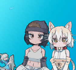Rule 34 | 3girls, ^ ^, absurdres, animal collar, animal ears, aqua hair, bare shoulders, beanie, black hair, blonde hair, blue background, blush, bow, bowtie, camisole, cat (kemono friends), cat ears, cat girl, cat tail, cetacean tail, closed eyes, closed mouth, collar, common dolphin (kemono friends), detached sleeves, dress, expressionless, extra ears, fins, fish tail, gorilla (kemono friends), grey hair, hair between eyes, hat, high-waist skirt, highres, holding, kanmoku-san, kemono friends, medium hair, midriff, multicolored hair, multiple girls, open mouth, pants, simple background, sitting, skirt, slit pupils, smile, stomach, tail, tan, upper body, white hair, yellow eyes