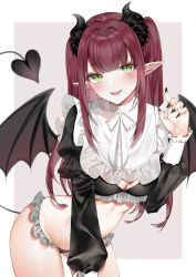 Rule 34 | 1girl, :d, absurdres, black nails, black panties, blunt bangs, blush, breasts, commentary, contrapposto, cosplay, cowboy shot, crop top, demon girl, demon horns, demon tail, demon wings, fangs, frilled panties, frills, green eyes, hand up, highres, horns, kitagawa marin, long hair, medium breasts, nail polish, open mouth, panties, pointy ears, red hair, rizu-kyun, sidelocks, smile, solo, sono bisque doll wa koi wo suru, tail, two side up, underwear, wings, yukineko1018