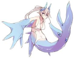 Rule 34 | 1girl, blonde hair, breasts, female focus, horns, looking at viewer, maze (gochama ze gohan), mermaid, monster girl, original, oversized forearms, oversized limbs, pointy ears, ponytail, purple eyes, simple background, smile, solo, white background