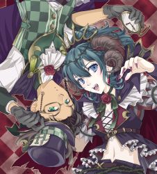 Rule 34 | 1boy, 1girl, ascot, asymmetrical sleeves, belt, black headwear, black shorts, black vest, blue eyes, blue hair, braid, breasts, brown belt, brown hair, byleth (female) (fire emblem), byleth (fire emblem), cape, checkered background, checkered clothes, checkered vest, claude von riegan, commentary request, costume request, crop top, curled horns, dark-skinned male, dark skin, earrings, fangs, fingernails, fire emblem, fire emblem: three houses, flower, gloves, green eyes, green neckwear, green vest, grey gloves, hair between eyes, hair ornament, halloween, halloween costume, hat, highres, holding, holding clothes, holding hat, holding pocket watch, horns, jewelry, long fingernails, long hair, looking at viewer, lower teeth only, medium breasts, midriff, mismatched sleeves, mojakkoro, monocle, nail polish, navel, neck ribbon, nintendo, open mouth, pocket watch, puffy short sleeves, puffy sleeves, purple cape, red cape, red flower, red nails, red rose, ribbon, rose, shirt, short hair, short sleeves, shorts, sidelocks, teeth, thorns, top hat, twitter username, underbust, upper body, upper teeth only, vest, watch, white shirt