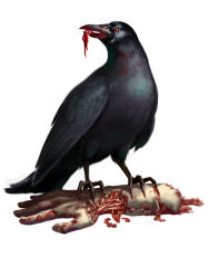 Rule 34 | animal, beak, bird, blood, capcom, crow, flesh, guro, highres, injury, official art, red eyes, resident evil, severed limb, simple background