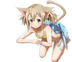 Rule 34 | 1girl, animal, animal ears, animal on back, bikini, blush, breasts, brown hair, cat ears, cat tail, cleavage, frilled bikini, frills, hair between eyes, long hair, mini dragon, pina (sao), red eyes, shiny skin, short twintails, silica, silica (sao-alo), small breasts, smile, solo, swimsuit, sword art online, tail, transparent background, twintails, wet, yellow bikini