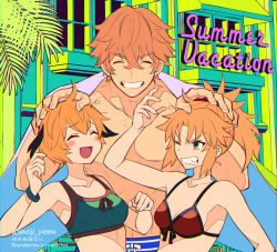 Rule 34 | 1boy, 2girls, bare shoulders, bikini, blonde hair, blue shorts, blush stickers, braid, breasts, brother and sister, clenched teeth, closed eyes, collarbone, fate/grand order, fate (series), french braid, gareth (fate), gawain (fate), green bikini, green eyes, grin, hair flaps, hand on another&#039;s head, long hair, looking at viewer, medium breasts, meiji ken, mordred (fate), mordred (fate) (all), mordred (swimsuit rider) (fate), mordred (swimsuit rider) (first ascension) (fate), multiple girls, navel, official alternate costume, open mouth, parted bangs, ponytail, short hair, shorts, siblings, sidelocks, sisters, small breasts, smile, swimsuit, teeth