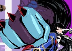 Rule 34 | 1girl, alternate hair length, alternate hairstyle, bayonetta, bayonetta, bayonetta (series), bayonetta 2, black hair, blue eyes, bodysuit, clenched hand, earrings, glasses, gloves, gun, hashimoto yusuke, highres, jewelry, lips, lipstick, looking at viewer, makeup, mole, mole under mouth, nintendo, official art, rodin, short hair, smile, solo, super smash bros., weapon