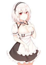Rule 34 | 1girl, absurdres, apron, azur lane, bad id, bad pixiv id, breasts, buttons, choker, cleavage, collarbone, cowboy shot, dress, frilled apron, frilled choker, frilled dress, frills, hand on own chest, hand up, headdress, highres, large breasts, looking at viewer, maid, maid apron, paaru, parted lips, red eyes, short hair, short sleeves, simple background, sirius (azur lane), solo, standing, thighs, waist apron, white background, white hair