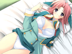 Rule 34 | 00s, 1girl, bed, blush, bow, bra, breasts, clothes lift, dress shirt, game cg, hair bow, jacket, lace, lace-trimmed panties, lace trim, large breasts, lingerie, lying, morisaki nao, on back, open clothes, open shirt, panties, pantyshot, pink hair, purple eyes, shirt, short hair, skirt, skirt lift, solo, soul link, suzuhira hiro, thigh gap, thighs, underwear, white panties