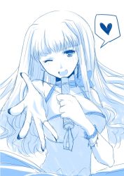 Rule 34 | 1girl, ;d, blue theme, breasts, heart, large breasts, long hair, looking at viewer, macross, macross frontier, monochrome, one eye closed, open mouth, quro, quro (black river), sheryl nome, smile, solo, spoken heart
