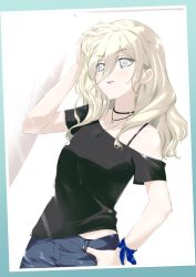 Rule 34 | 1girl, aged down, black shirt, blonde hair, blue eyes, bra strap, casual, choker, commentary request, denim, hand on own head, hand on own hip, jeans, jewelry, kantai collection, long hair, midriff, mole, mole under eye, necklace, open mouth, pants, richelieu (kancolle), shirt, smile, solo, t-shirt