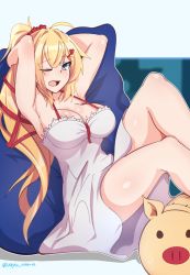 Rule 34 | 1girl, akai haato, armpits, arms behind head, arms up, bare legs, blonde hair, blue eyes, breasts, cleavage, dress, haaton (akai haato), hair ornament, hairclip, heart, heart hair ornament, highres, hololive, knee up, large breasts, long hair, looking at viewer, myumi, one eye closed, open mouth, pillow, ponytail, sitting, solo, spaghetti strap, virtual youtuber