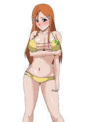 Rule 34 | 1girl, absurdres, bikini, black eyes, bleach, blush, breast hold, breasts, cleavage, closed mouth, embarrassed, feet out of frame, female focus, groin, hand on own arm, highres, inoue orihime, large breasts, legs, legs apart, long hair, looking at viewer, navel, orange hair, simple background, solo, standing, swimsuit, thighs, white background