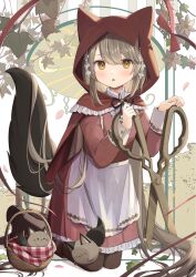 Rule 34 | 1girl, absurdly long hair, animal ears, animal hood, apron, boots, branch, brown footwear, cape, cosplay, dress, flower, frilled dress, frills, full body, goma (u p), highres, holding, holding scissors, hood, hood up, hooded cape, kneeling, leaf, light brown hair, little red riding hood, little red riding hood (grimm), little red riding hood (grimm) (cosplay), long hair, long sleeves, looking at viewer, original, oversized object, picnic basket, red cape, red dress, scissors, tail, tears, very long hair, white apron, white flower, wolf ears, wolf girl, wolf tail, yellow eyes