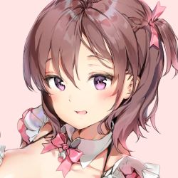 Rule 34 | anmi, blush, bow, bowtie, breasts, brown hair, collarbone, detached collar, hair between eyes, hair ribbon, large breasts, looking at viewer, open mouth, pink background, pink bow, purple eyes, ribbon, short hair, solo