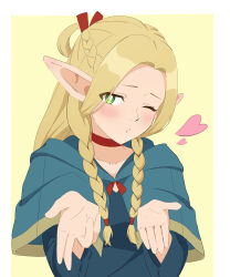Rule 34 | 1girl, blonde hair, blowing kiss, blue capelet, blue robe, blush, border, braid, bucho1182, capelet, choker, closed mouth, commentary request, dungeon meshi, elf, green eyes, heart, highres, hood, hood down, hooded capelet, looking at viewer, marcille donato, one eye closed, outside border, pointy ears, red choker, robe, solo, upper body, white border, yellow background