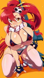 Rule 34 | 00s, 1girl, anti-materiel rifle, areola slip, belt, bikini, bikini top only, blush, breasts, bursting breasts, cleavage, fingerless gloves, geroika, gloves, gun, hair ornament, highres, huge breasts, image sample, legs, long hair, looking at viewer, md5 mismatch, open mouth, pink thighhighs, ponytail, red hair, resized, resolution mismatch, rifle, scarf, shorts, skindentation, skull hair ornament, smile, sniper rifle, solo, source larger, swimsuit, tengen toppa gurren lagann, thighhighs, thighs, weapon, yellow eyes, yoko littner