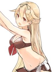 Rule 34 | 10s, 1girl, absurdres, armpits, arms up, bare shoulders, bikini, black ribbon, blonde hair, blush, breasts, brown eyes, brown skirt, cleavage, cowboy shot, eyebrows, from side, front-tie top, hair between eyes, hair flaps, hair ribbon, highres, kantai collection, long hair, looking to the side, medium breasts, natsu (sinker8c), navel, open mouth, pleated skirt, ribbon, simple background, skirt, solo, stomach, swimsuit, very long hair, white background, yuudachi (kancolle), yuudachi kai ni (kancolle)