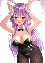 Rule 34 | 1girl, animal ears, black leotard, black pantyhose, blush, breasts, cleavage, collarbone, cowboy shot, detached collar, fingernails, fishnet pantyhose, fishnets, highres, large breasts, leotard, long hair, looking at viewer, open mouth, pantyhose, purple hair, rabbit ears, rabbit pose, red eyes, reijing etrn, reisen udongein inaba, simple background, smile, solo, strapless, strapless leotard, touhou, white background, wrist cuffs