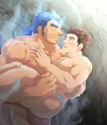Rule 34 | 2boys, aura, bara, beard, beard stubble, blue eyes, blue hair, blush, broad shoulders, brown eyes, brown hair, bulge, carrying, closed mouth, facial hair, fiery horns, fundoshi, hand on another&#039;s chest, horns, japanese clothes, jormungandr (f-kare), long sideburns, looking at another, male focus, male underwear, mature male, multiple boys, muscular, muscular male, mustache stubble, parted lips, pectorals, ponytail, princess carry, protagonist 3 (housamo), red fundoshi, short hair, sideburns, signature, stubble, sunfight0201, thick eyebrows, tokyo houkago summoners, underwear, underwear only, yaoi