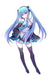 Rule 34 | 1girl, aqua eyes, blue hair, boots, detached sleeves, hand on own hip, harusawa, hatsune miku, headset, long hair, looking at viewer, necktie, open mouth, simple background, sketch, skirt, sleeves past wrists, solo, thigh boots, thighhighs, twintails, very long hair, vocaloid, white background