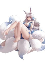 Rule 34 | 1girl, absurdres, animal ear fluff, animal ears, azur lane, bare legs, barefoot, blue collar, breasts, collar, dress, evening gown, feather boa, feet, fox ears, fox girl, halter dress, halterneck, high heels, highres, kitsune, kyuubi, large breasts, large tail, legs, long hair, looking at viewer, mouma, multiple tails, official alternate costume, one eye closed, shinano (azur lane), shinano (dreams of the hazy moon) (azur lane), silver hair, tail, toes, white tail, wrist flower