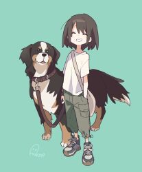Rule 34 | 1girl, aida (aidia), animal, bernese mountain dog, brown hair, brown pants, cargo pants, closed eyes, commentary, dog, facing viewer, full body, green background, grey footwear, grin, hand in pocket, highres, holding, holding leash, leash, original, pants, pet, shirt, shoes, short hair, short sleeves, signature, simple background, smile, solo, standing, t-shirt, white shirt