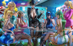 Rule 34 | 6+girls, ? block, arched back, armlet, ass, bare back, bare shoulders, bayonetta (series), bayonetta 2, black hair, blonde hair, blue dress, blue eyes, blue hair, breast press, breast rest, breasts, breasts on table, brown hair, cleavage, commentary, crossed legs, crown, curvy, dress, earrings, english commentary, female focus, fire emblem, fire emblem awakening, garter straps, glass table, glasses, green hair, headgear, headpiece, jacket, jewelry, kid icarus, kid icarus uprising, large breasts, lipstick, long hair, looking at viewer, looking back, lucina (fire emblem), luma (mario), makeup, mario (series), matching hair/eyes, meeting, metroid, metroid (creature), multiple girls, necklace, nintendo, palutena, parted lips, pearl necklace, pink dress, piranha plant, pointy ears, princess peach, princess zelda, rosalina, sakimichan, samus aran, short dress, short hair, sideboob, signature, sitting, standing, super mario galaxy, super smash bros., table, the legend of zelda, thighhighs, watermark, web address, zero suit