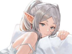 Rule 34 | 1girl, commentary, drop earrings, earrings, elf, english commentary, frieren, green eyes, grey hair, highres, j@ck, jewelry, long hair, looking at viewer, pillow, pointy ears, sleepwear, solo, sousou no frieren, strap slip, twintails