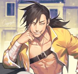 Rule 34 | 1boy, artist name, bad id, bad twitter id, bandaged arm, bandages, bare pectorals, black hair, buckle, chest strap, collarbone, cursive, elbow rest, fullmetal alchemist, grey eyes, grin, head rest, light particles, ling yao, long hair, looking at viewer, male focus, mouth hold, nipples, one eye closed, onegingek, pectorals, ponytail, smile, solo, toned, toned male
