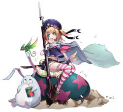 Rule 34 | 1girl, bayonet, black ribbon, blonde hair, blue eyes, boots, drinking straw, egg, feathers, flower, hair flower, hair ornament, hat, high heel boots, high heels, looking at another, mool yueguang, neckerchief, original, pink legwear, pink neckerchief, rabbit, red eyes, ribbon, sheath, sheathed, short hair, signature, sitting, striped clothes, striped legwear, striped thighhighs, sword, thighhighs, weapon