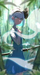 Rule 34 | 1girl, 38 (sanjuuhachi), absurdres, bamboo, bamboo forest, black bow, black hairband, blue eyes, blue skirt, blue vest, bow, closed mouth, collared shirt, commentary, day, forest, from side, hair bow, hairband, hand up, highres, holding, holding sword, holding weapon, katana, konpaku youmu, konpaku youmu (ghost), long sleeves, looking at viewer, nature, neck ribbon, outdoors, red ribbon, ribbon, shirt, short hair, silver hair, skirt, solo, sword, touhou, vest, weapon, white shirt