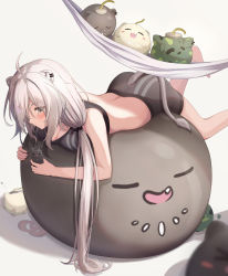 Rule 34 | 1girl, absurdres, ahoge, animal ears, ass, blush, bomb, breasts, cleavage, clothing cutout, crop top, ear piercing, explosive, grey eyes, grey hair, hair between eyes, hammock, highres, holding, holding phone, hololive, large breasts, lion ears, lion girl, lion tail, long hair, messy hair, phone, piercing, shishiro botan, shishiro botan (button-down), sidelocks, simple background, solo, ssrb (shishiro botan), striped, suicabar72, tail, tail through clothes, virtual youtuber, white background