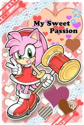 Rule 34 | 1girl, amy rose, animal nose, boots, furry, furry female, green eyes, hairband, hammer, heart, official style, smile, solo, sonic (series), sonic adventure, sonic the hedgehog, v
