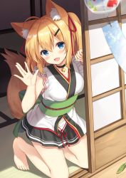 Rule 34 | 1girl, :d, \||/, ahoge, animal ear fluff, animal ears, bare arms, barefoot, bell, black skirt, blonde hair, blue eyes, blurry, blurry foreground, blush, breasts, choker, commentary request, day, depth of field, fox ears, fox tail, frills, hair between eyes, hair ornament, hair ribbon, hairclip, head tilt, indoors, japanese clothes, jingle bell, kimono, kneeling, leaf, long hair, looking at viewer, medium breasts, miniskirt, neck bell, obi, open mouth, original, red ribbon, ribbon, sash, shiromikan, shouji, skirt, sliding doors, smile, solo, tail, tatami, toes, two side up, waving, wind chime