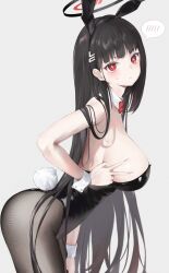 Rule 34 | 1girl, animal ears, black hair, black leotard, blue archive, blush, bow, bowtie, breasts, bright pupils, detached collar, fake animal ears, fake tail, hair ornament, hairclip, halo, hand on own chest, highres, large breasts, leotard, long hair, looking at viewer, pantyhose, playboy bunny, rabbit ears, rabbit tail, red eyes, renge (730), rio (blue archive), skindentation, solo, spoken blush, strapless, strapless leotard, sweatdrop, tail, v, very long hair, white background, wrist cuffs