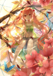 Rule 34 | 1girl, alternate color, alternate hair color, barefoot, blush, bug, butterfly, cherry, cherry blossoms, collarbone, dress, feet, flower, food, fruit, green dress, hair ornament, hatsune miku, insect, long hair, lu (tabasa1991), pink hair, red eyes, sakura miku, solo, tree, twintails, vocaloid