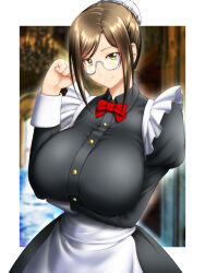 Rule 34 | 1girl, apron, artist request, black dress, bow, bowtie, breasts, brown hair, bun cover, dress, glasses, highres, huge breasts, idolmaster, idolmaster cinderella girls, maid, maid apron, mukai takumi, red bow, smile, solo, white apron, yellow eyes