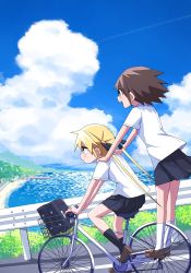 Rule 34 | 2girls, bag, beach, bicycle, black skirt, blonde hair, blue eyes, blue sky, blush, brown eyes, brown footwear, brown hair, calf socks, cloud, collared shirt, contrail, expressionless, full body, hair blowing, highres, hill, jitome, kill me baby, loafers, multiple girls, multiple riders, ocean, open mouth, oribe yasuna, outdoors, pleated skirt, profile, railing, riding, riding bicycle, road, school bag, school uniform, shirt, shoes, short hair, short sleeves, skirt, sky, smile, sonya (kill me baby), standing, summer, summer uniform, twintails, white shirt, yachima tana