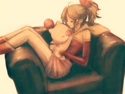 Rule 34 | 1girl, armchair, cape, chair, closed mouth, detached sleeves, dress, closed eyes, final fantasy, final fantasy vi, hair ornament, ichi (pixiv6373491), long hair, long sleeves, moogle, pantyhose, ponytail, red dress, red footwear, sitting, smile, solo, strapless, strapless dress, tina branford, white pantyhose