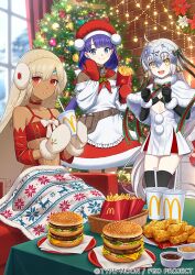 Rule 34 | 3girls, ahoge, altera (fate), altera the santa (fate), apron, bell, big mac, bikini, bikini top only, black gloves, black thighhighs, blue eyes, bow, bra, brooch, brown shirt, burger, capelet, cheese, chicken nuggets, choker, christmas, christmas lights, christmas ornaments, christmas tree, cup, dark-skinned female, dark skin, disposable cup, drinking straw, earmuffs, elbow gloves, fast food, fate/grand order, fate (series), food, french fries, fur-trimmed capelet, fur-trimmed skirt, fur trim, gift, gloves, green bow, hat, headpiece, holding, holding food, holly, jeanne d&#039;arc alter santa lily (fate), jewelry, jingle bell, ketchup, lettuce, long hair, martha (fate), martha (santa) (fate), mcdonald&#039;s, mittens, morikura en, multiple girls, official art, purple hair, red bra, red choker, red eyes, red gloves, red headwear, red skirt, ribbon, santa costume, santa hat, sesame seeds, shirt, skirt, striped, striped bow, striped ribbon, swimsuit, thighhighs, underwear, veil, white apron, white capelet, white mittens, yellow eyes